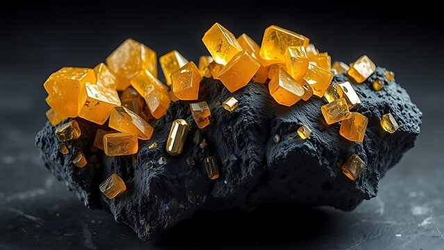 Raw sphalerite ore specimen with golden crystals on dark slate, side-lit for texture.