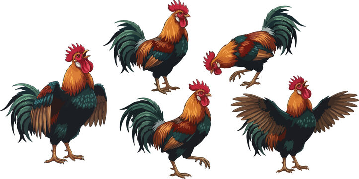 vector illustration clipart of rooster with 5 poses semi realistic art style