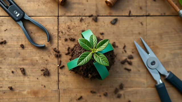 A seedling grafted onto rootstock on a wooden table, secured with green tape.