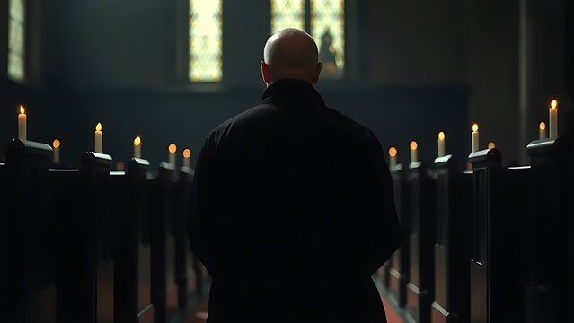 Solitary figure in black cassock kneeling in dim church.