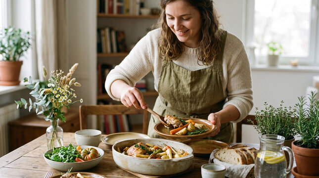 young woman serving homemade roasted chicken with vegetables for family dinner