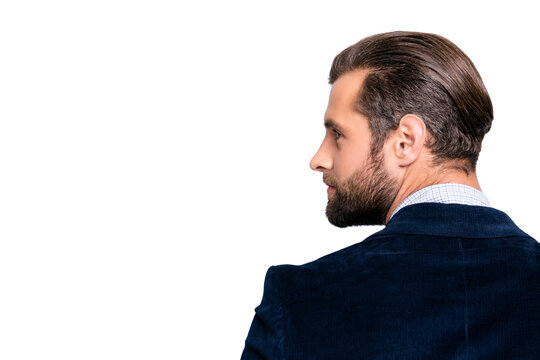 Profile half-faced side view portrait of handsome luxurious attractive stylish modern authoritative dreamy professional elegant entrepreneur, dark blue blazer isolated on gray background copy-space