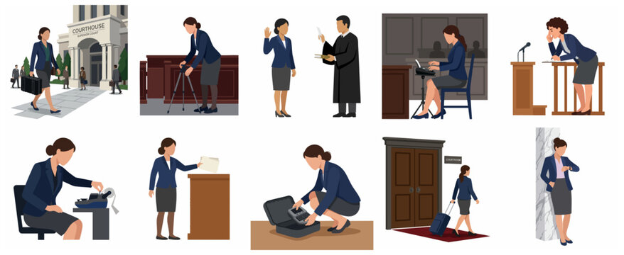 Set of illustrations of a female court reporter in various legal settings, including courtroom proceedings and stenography work