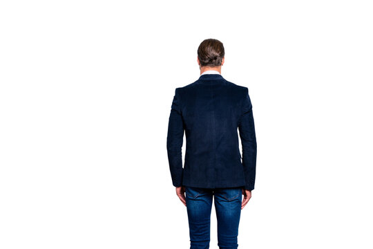 Rear back behind view photo of stunning well-dressed groomed brutal classic posh elegant modern handsome attractive entrepreneur, dark blue velvet blazer jeans, isolated on gray background copy-space