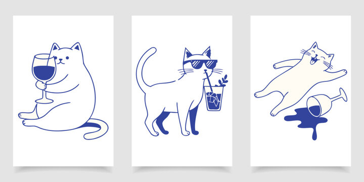 Funny drunk cat drinking wine and cocktail linocut style vector set.