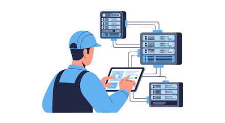 Fototapeta premium IT Specialist Managing Server Network Infrastructure with Digital Tablet, Cloud Computing and Data Center Maintenance Concept Illustration