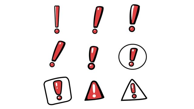 Flat 2D vector animation of collection of warning exclamation mark icons set with alpha channel and transparent background. Ideal for UI, alerts, notifications, safety, and motion graphics.