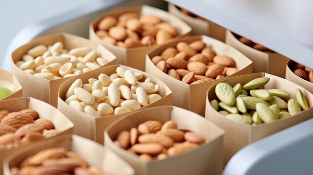 Assorted nuts and seeds in paper bags on market shelf