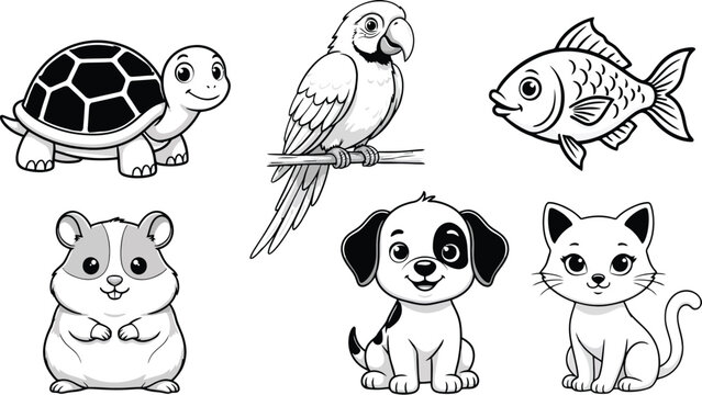 Linda colecci&oacute;n de dibujos animados de mascotas populares en blanco y negro