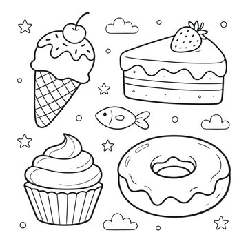P&aacute;gina para colorear dibujada a mano con varios postres dulces