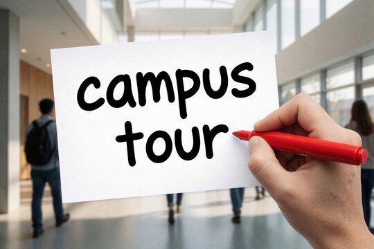 Hand writes campus tour on paper with red marker. Students walk in modern university building hall. Planning visit to explore education options for future studies.