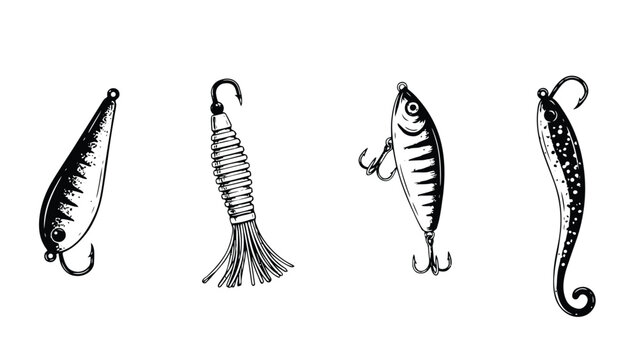 Conjunto dibujado a mano de varios se&ntilde;uelos y cebos de pesca