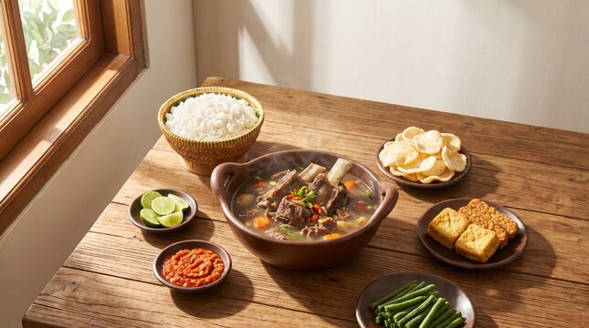 Traditional Sup Konro served as a complete Indonesian family meal, suitable for food advertising, hospitality marketing, tourism campaigns, and editorial publications.