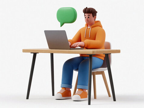 3D cartoon character man works on laptop at office desk. Young guy sits on chair typing computer keyboard with green message bubble icon above. Student learns online male remote worker chats in