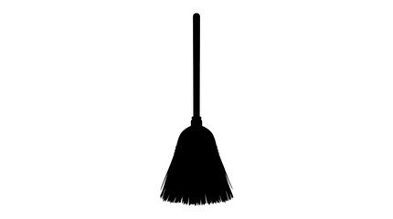 Halloween. Black witch's broom silhouette stands vertically, a classic symbol of magic and Halloween, isolated against a pristine white background. © MstRahela