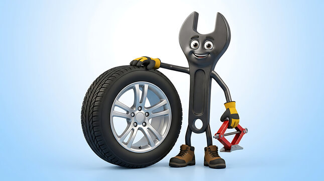Cute cartoon wrench character holding a car tire and car jack for repair service