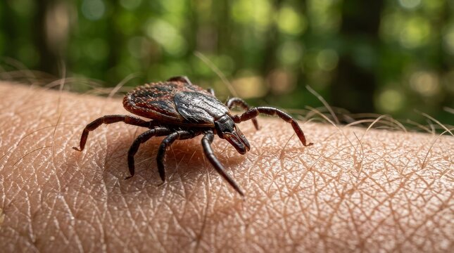 Macro close up of a tick crawling on human skin arm. Dangerous parasite insect in nature with green forest background. Medical health and lyme disease prevention concept.