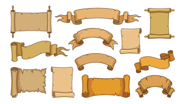 Old parchment scroll vector illustration set. Vintage ribbon banners, blank ripped document sheets, rolled papyrus manuscript templates, tattered medieval paper frames and retro wooden handles.