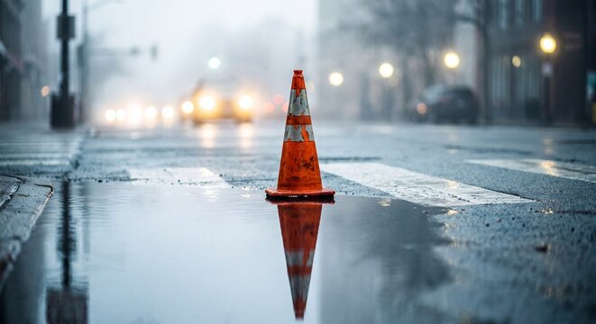 Orange traffic cone on a rainy city street. Road construction barrier in urban fog.