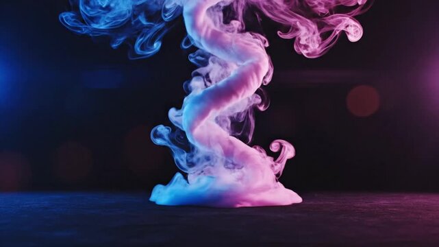 Intertwined Blue and Pink Smoke Spirals Rising on Dark Stage, Futuristic Helix