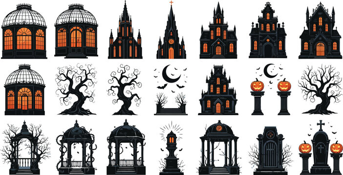 A collection of gothic halloween elements featuring spooky castles dark trees glowing lanterns and moon silhouettes on white background