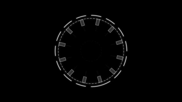 Loading indicator features a minimalist white dashed circular ring set against a stark black background to represent digital progress.