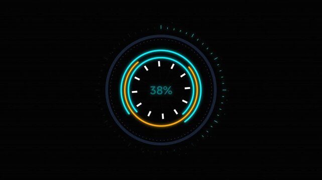 Loading circle features a glowing cyan and amber progress ring with a thirty-eight percent numeric indicator set against a deep black background.