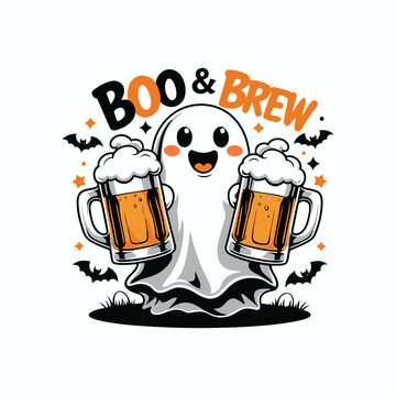 Friendly ghost holding frosty beer mugs with Boo and Brew typography. Cute Halloween vector illustration for shirts, mugs, stickers and party designs.