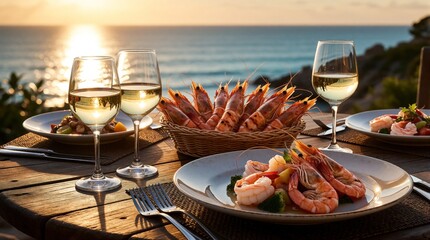 Obraz premium Table set for romantic seaside dinner with grilled prawns and white wine as sun sets over the ocean. Couple enjoys gourmet meal on balcony overlooking sea. Vacation dining experience.