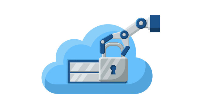 Automated Cloud Security and Data Protection Illustration with Robotic Arm Locking Server