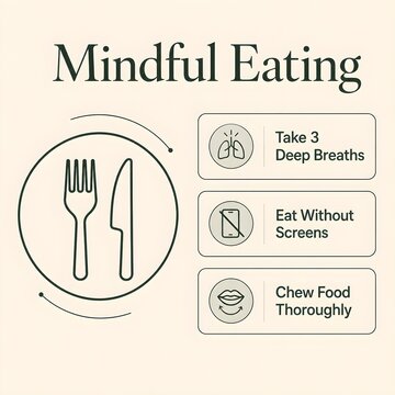 Mindful Eating Habits Infographic, Deep Breathing Screen-Free Meals and Chewing Slowly Digestion Diagram
