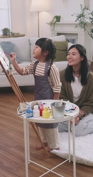 Asian mother teaching her young daughter how to paint on an easel at home.