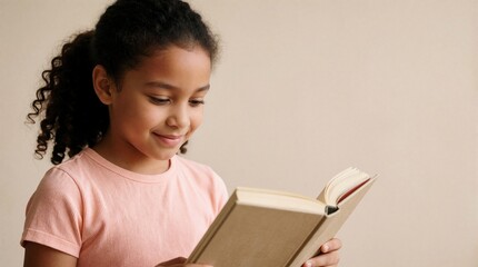 Naklejka premium Young girl enjoys reading book, smiling with concentration indoors. Child studies with interest wearing pink shirt, developing mind. Casual home leisure hobby.