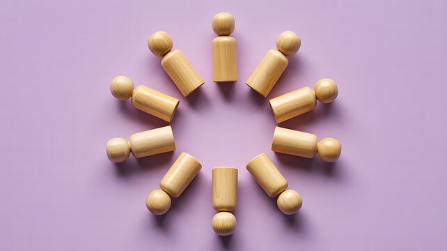 Team circle formation with wooden figures representing unity collaboration and teamwork concept