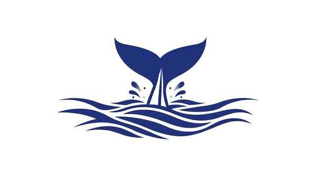 Animated blue logo of whale tail and sailboat sailing on ocean waves