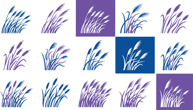 Reeds and cattail icons set in blue and purple colors