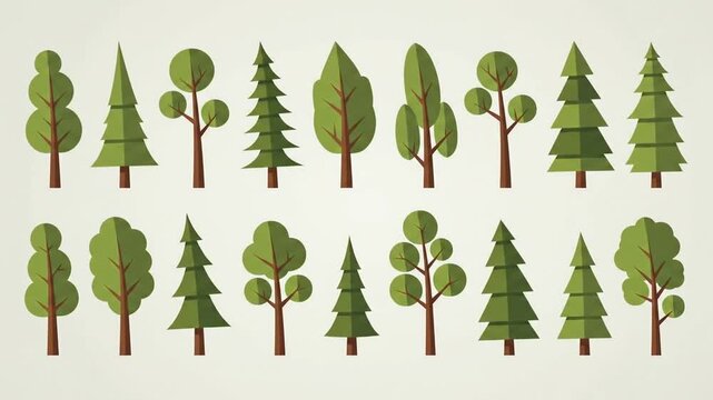 Collection of flat vector tree icons including pine and deciduous types.