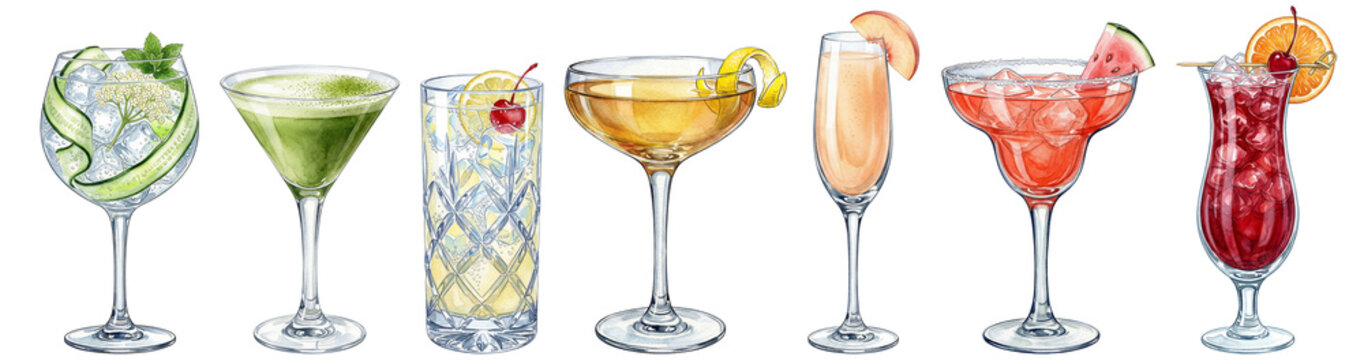 watercolor cocktail illustration set with cucumber gin tonic matcha martini tom collins bellini watermelon margarita and tropical punch in varied glassware isolated on transparent background