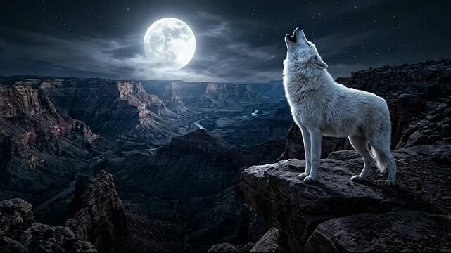 Majestic Arctic Wolf Howling Under Full Moon Over Rugged Landscape