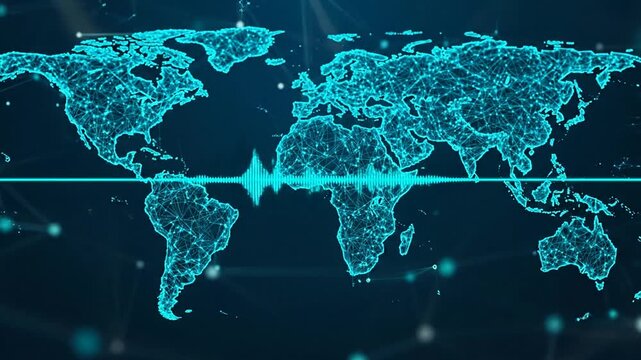 Digital world map with glowing blue audio waveform and network nodes representing global communication.