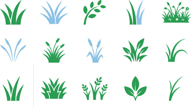 Set of flat vector icons featuring green and blue grass
