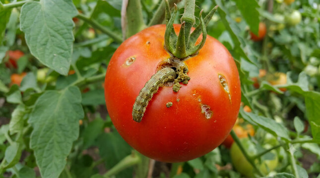 Close-up of a green caterpillar (Helicoverpa armigera) boring into a fresh red tomato on a vine, illustrating vegetable garden pests and agricultural crop damage.