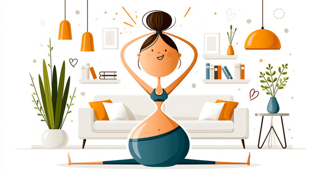 Cute cartoon girl in yoga pose, in the living room flat design illustration