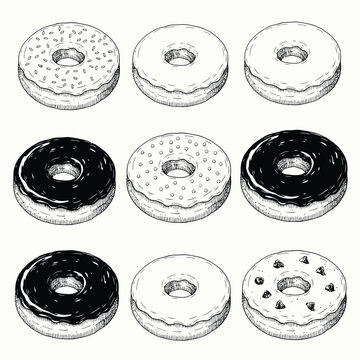 Colecci&oacute;n dibujada a mano de varias deliciosas donas glaseadas