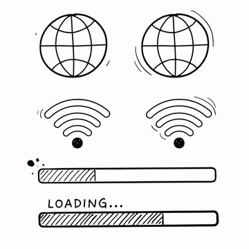 Boceto dibujado a mano de conectividad global y barras de progreso de carga