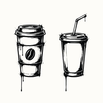 Dibujo a tinta a mano de vasos desechables de caf&eacute; y refrescos