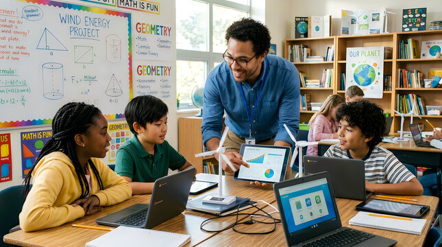 Teacher showing tablet to diverse students. STEM lesson with kids using laptops in classroom.