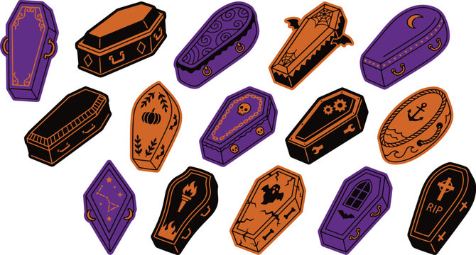 Halloween color vector bundle featuring a collection of spooky hand drawn coffins in purple and orange festive tones