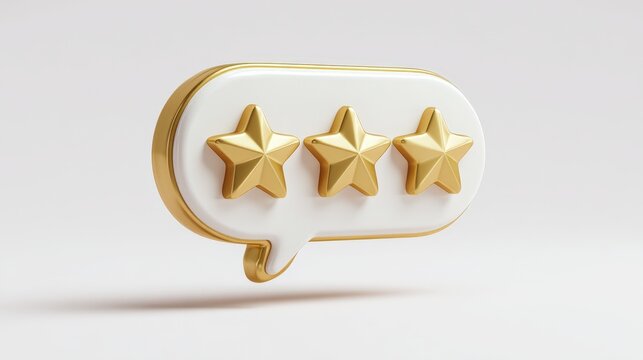 User feedback with five star rating. White speech bubble with a comment. 3d icon illustration isolated on white background, PNG. Concept of online feedback.