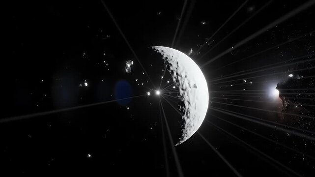 Crescent cratered moon with glowing light rays and star clusters in deep outer space illustration